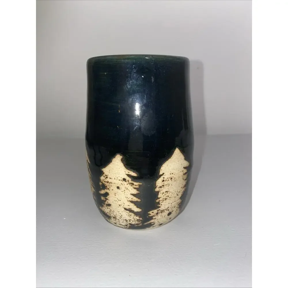 Studio Art Pottery Hand Thrown Glazed Vase/ Pen Holder Black With Trees